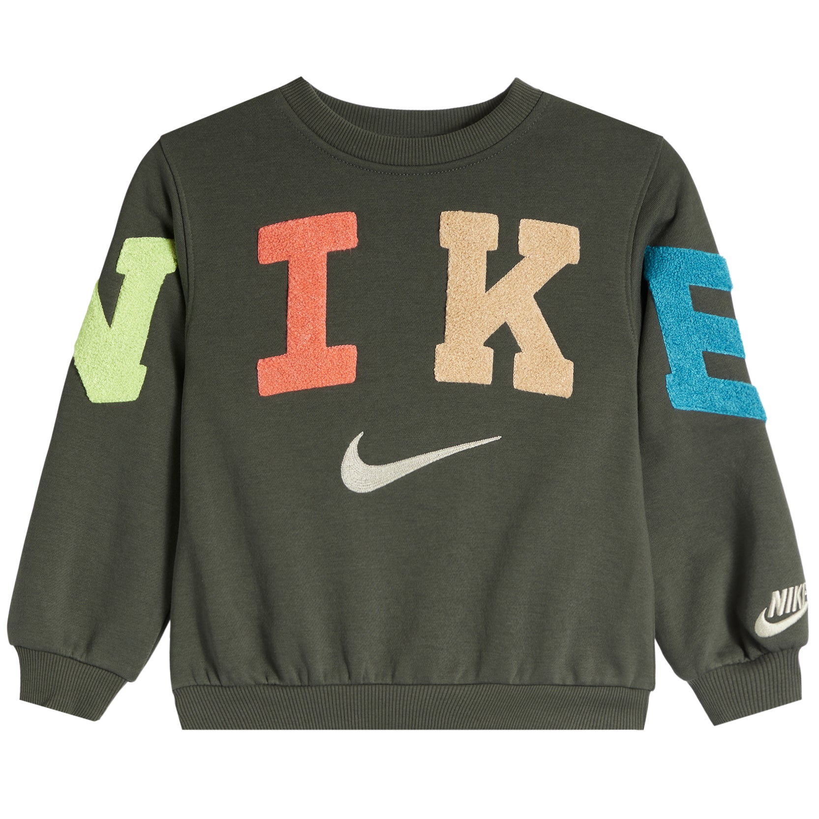 An olive green Nike crewneck sweatshirt featuring large, colorful 'NIKE' lettering on the chest, a white swoosh logo, and multicolor lettering on the sleeves.