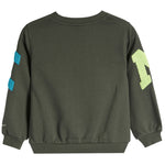 An olive green crewneck sweatshirt shown from the back
