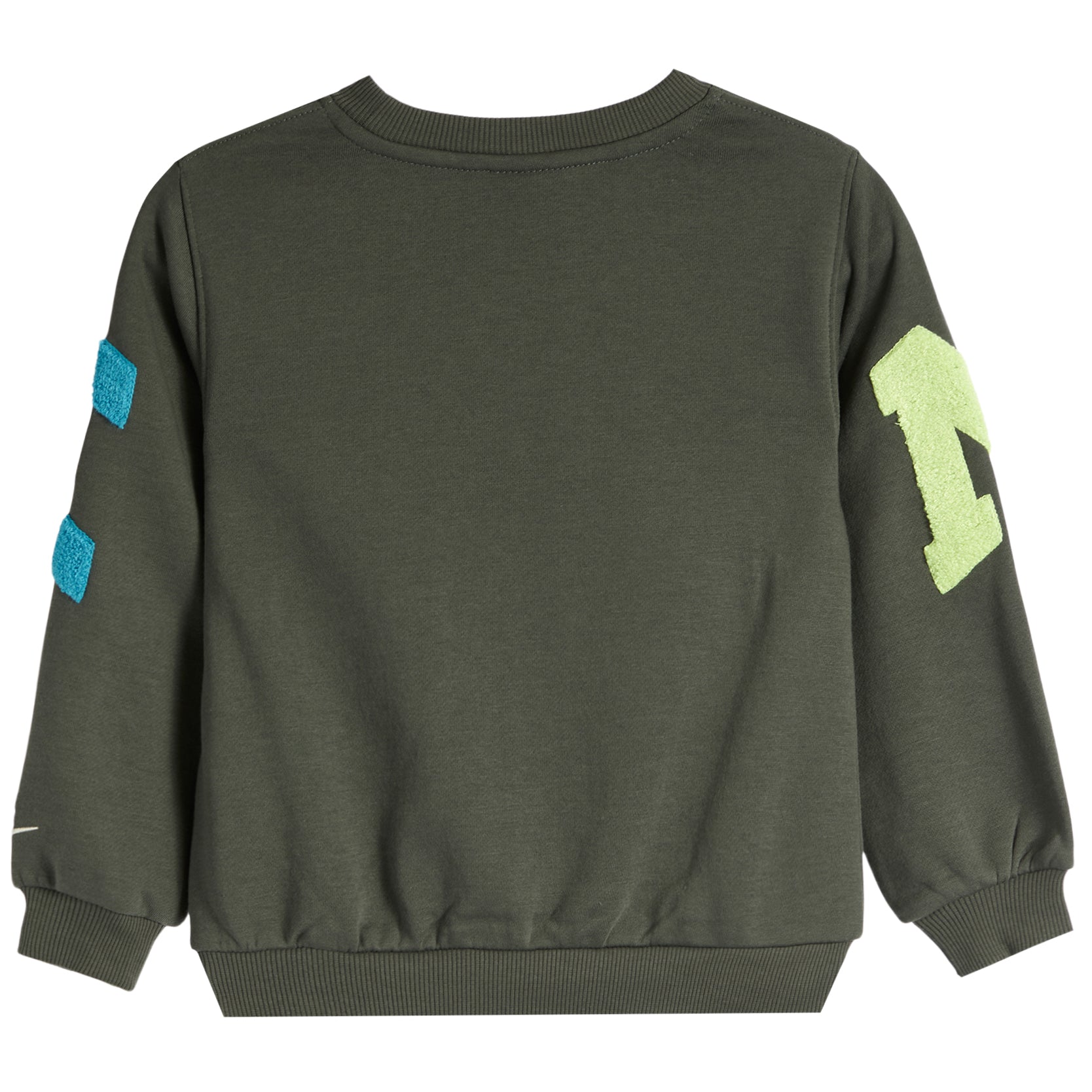An olive green crewneck sweatshirt shown from the back