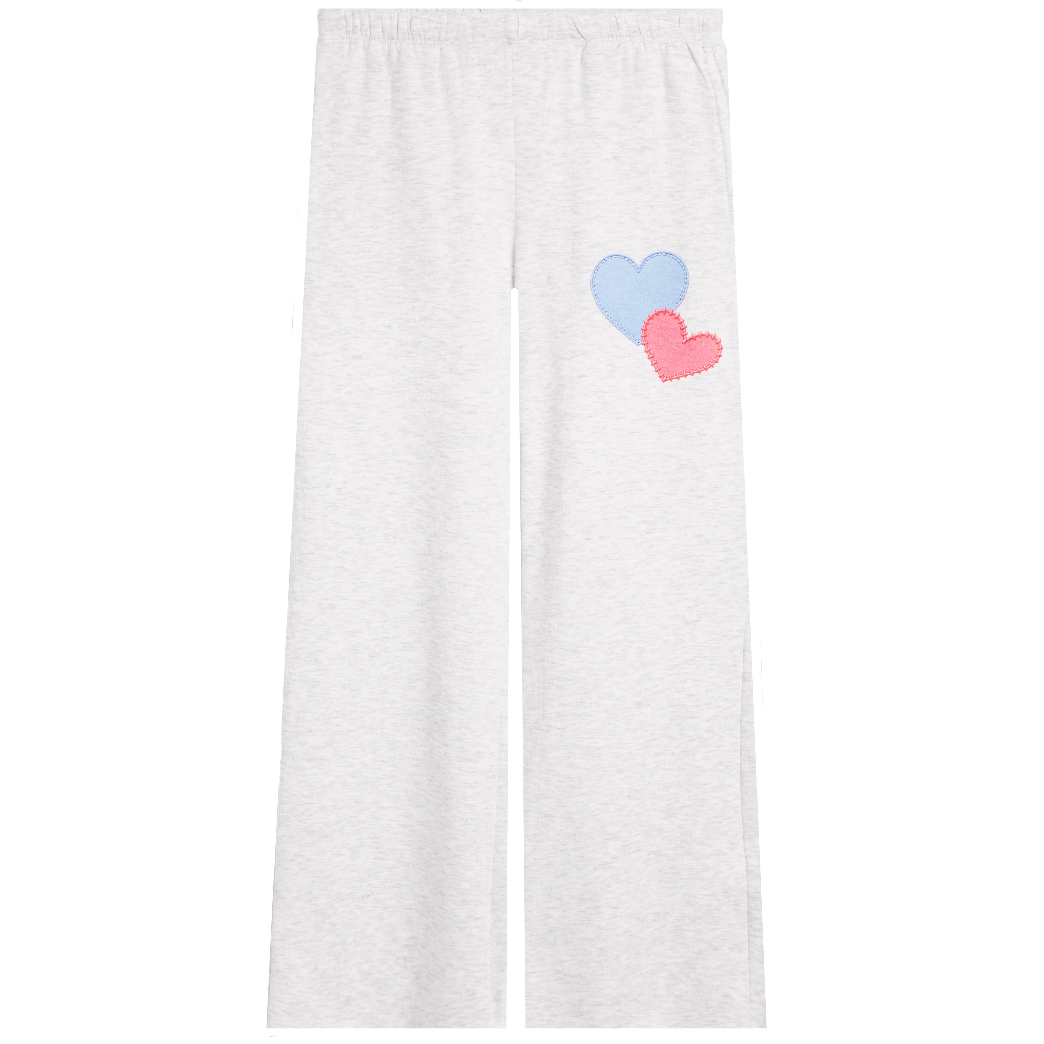 Light heather gray wide-leg sweatpants featuring two small hearts on the upper left leg, one light blue and one pink.