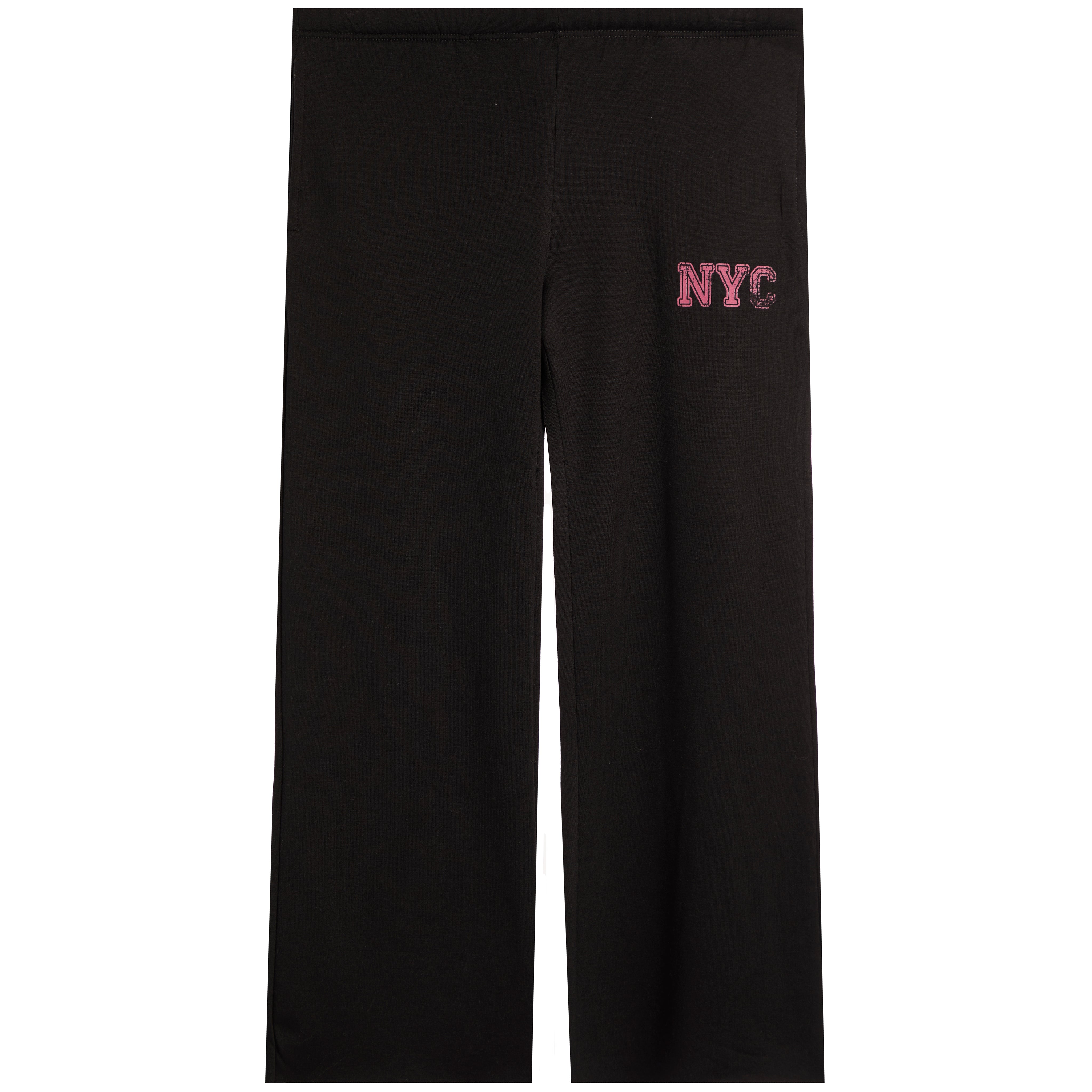 Black wide-leg sweatpants featuring a pink embroidered 'NYC' graphic on the upper left thigh, displayed against a solid white background.