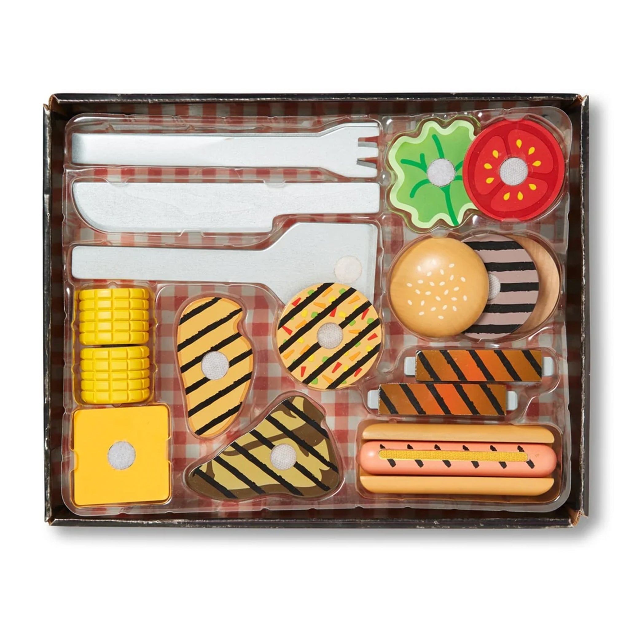 Wooden toy food set with a plaid pattern on a white background