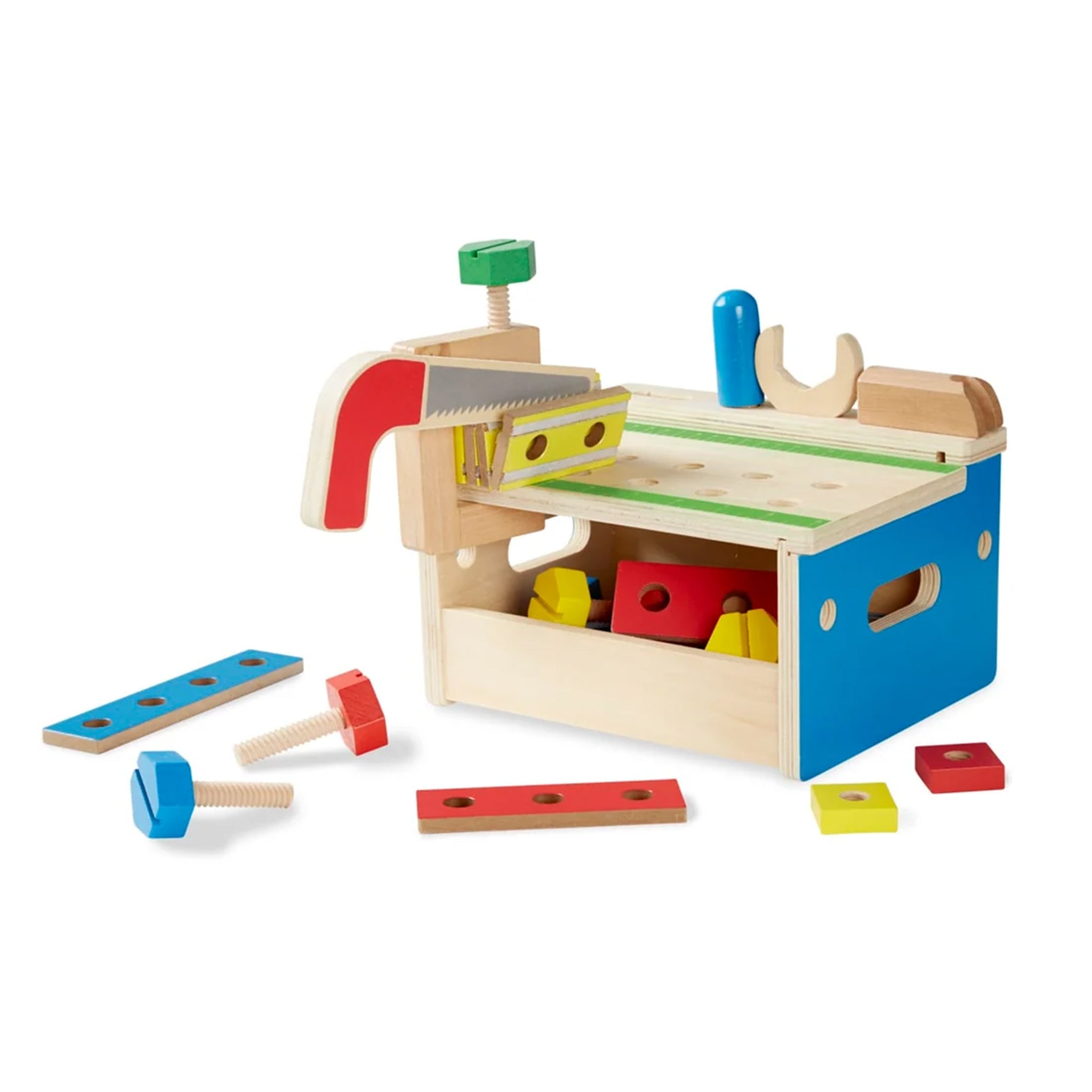 Wooden toy workbench with tools on a white background
