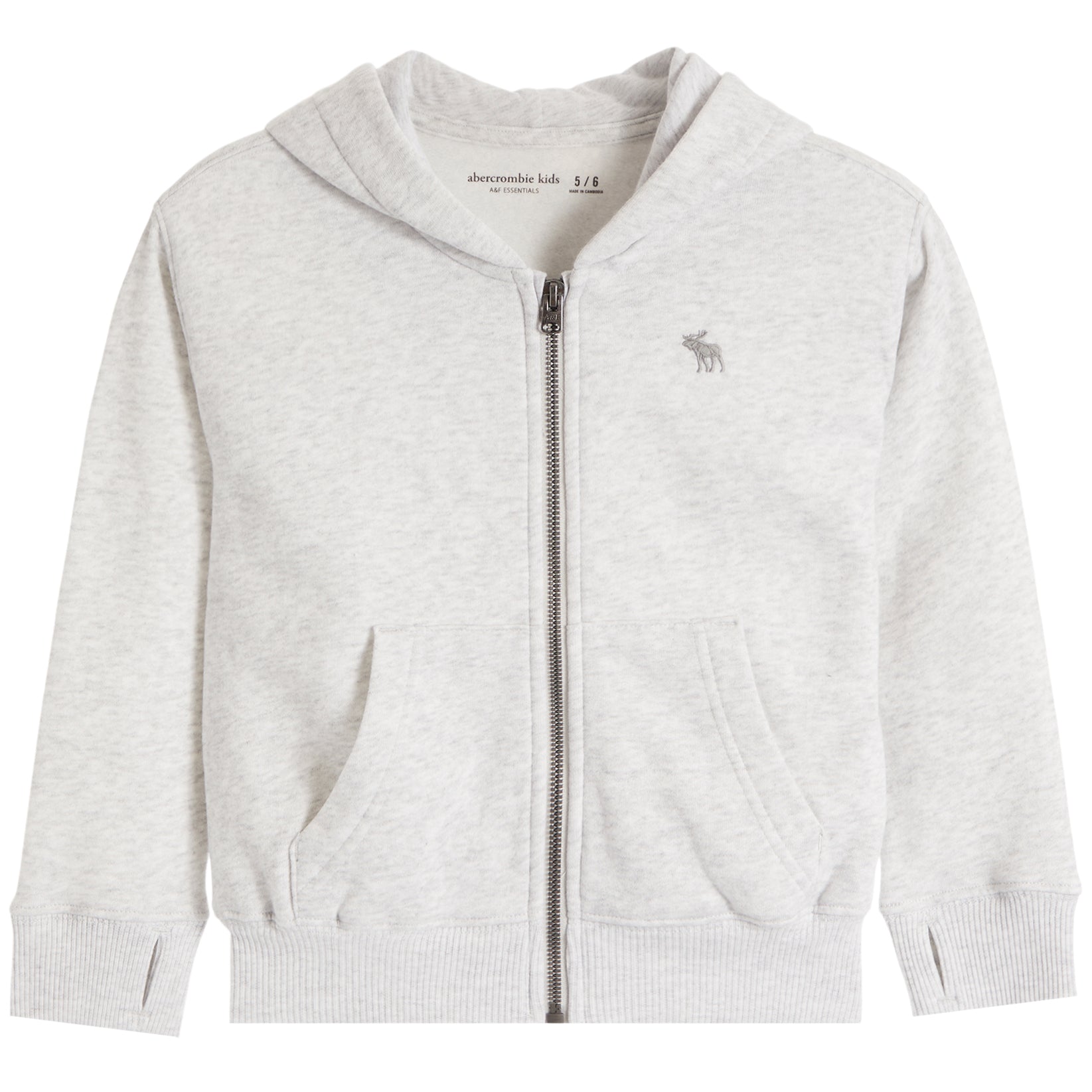 A light heather gray zip-up hoodie with a small embroidered moose logo on the left chest, displayed on a clean white background.