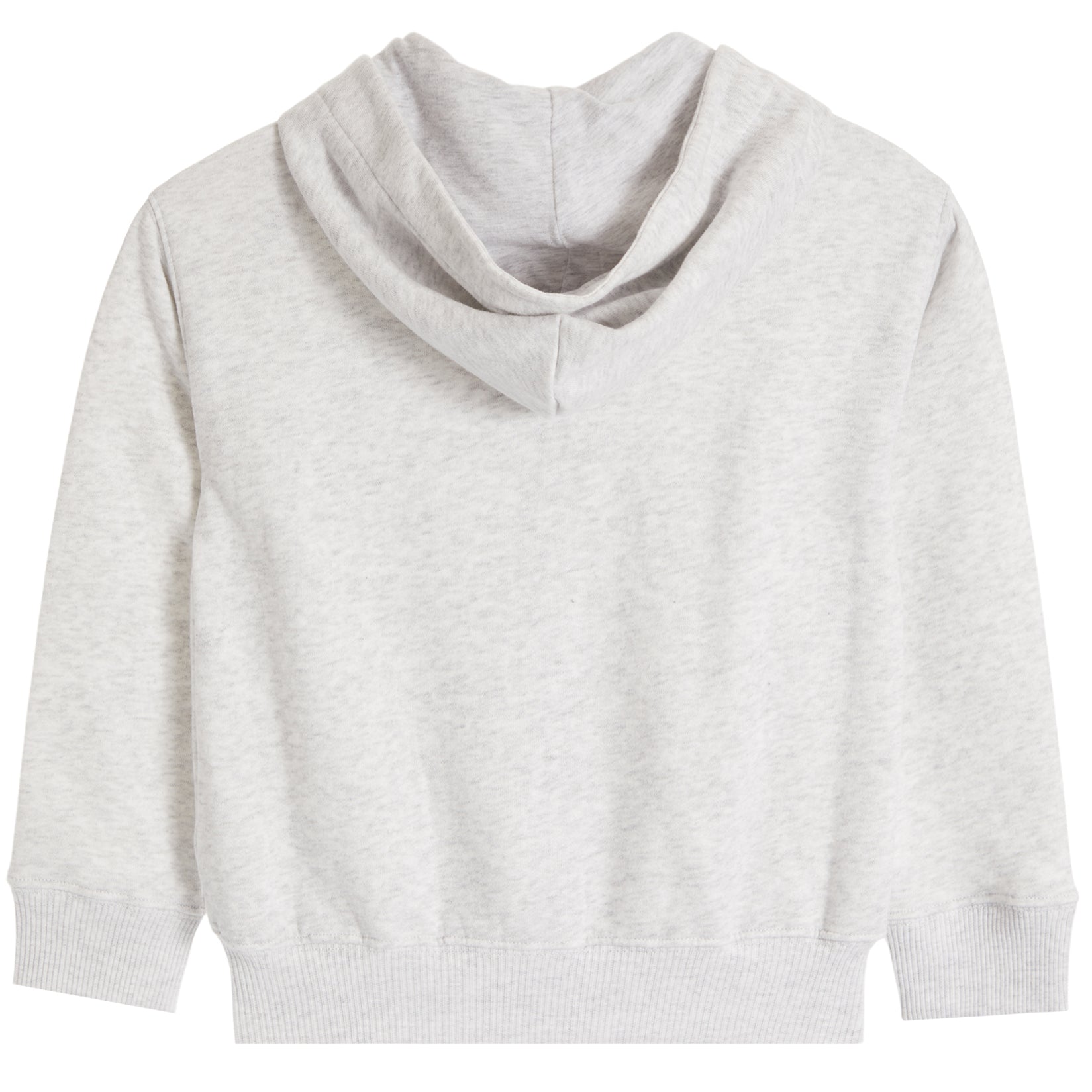 A light heather gray pullover hoodie with a wide draped cowl neckline, ribbed cuffs, and a ribbed hem, shown against a plain white background.