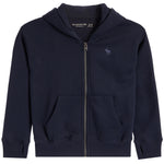 A navy blue zip-up hoodie sweatshirt for kids, featuring a front zipper, ribbed cuffs and hem, and a small embroidered moose logo on the left chest. The brand name 'abercrombie kids' is visible inside the collar.