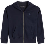 A navy blue zip-up hoodie sweatshirt for kids, featuring a front zipper, ribbed cuffs and hem, and a small embroidered moose logo on the left chest. The brand name 'abercrombie kids' is visible inside the collar.