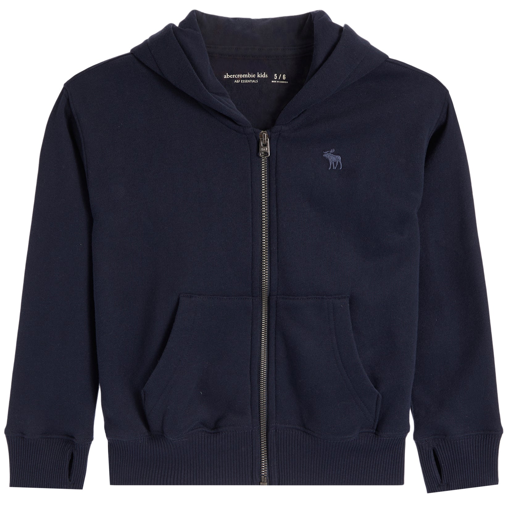 A navy blue zip-up hoodie sweatshirt for kids, featuring a front zipper, ribbed cuffs and hem, and a small embroidered moose logo on the left chest. The brand name 'abercrombie kids' is visible inside the collar.
