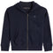 A navy blue zip-up hoodie sweatshirt for kids, featuring a front zipper, ribbed cuffs and hem, and a small embroidered moose logo on the left chest. The brand name 'abercrombie kids' is visible inside the collar.