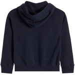 A dark navy blue hooded sweatshirt with a cowl neck, ribbed cuffs, and a ribbed hem, shown from the back on a plain white background.