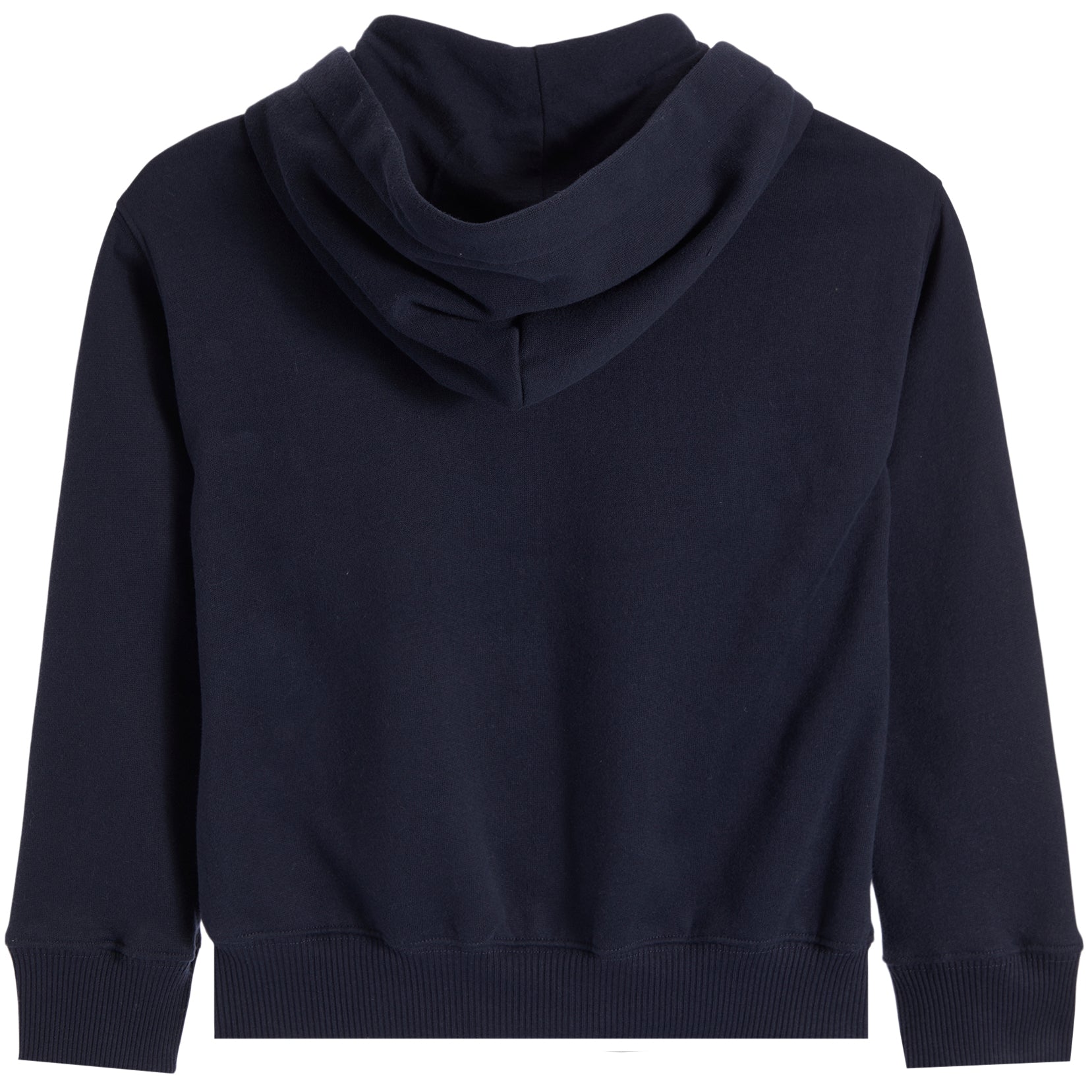 A dark navy blue hooded sweatshirt with a cowl neck, ribbed cuffs, and a ribbed hem, shown from the back on a plain white background.