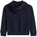 A dark navy blue hooded sweatshirt with a cowl neck, ribbed cuffs, and a ribbed hem, shown from the back on a plain white background.