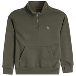An olive green quarter-zip sweatshirt with a small embroidered moose logo on the left chest, displayed on a clean white background.