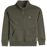 An olive green quarter-zip sweatshirt with a small embroidered moose logo on the left chest, displayed on a clean white background.