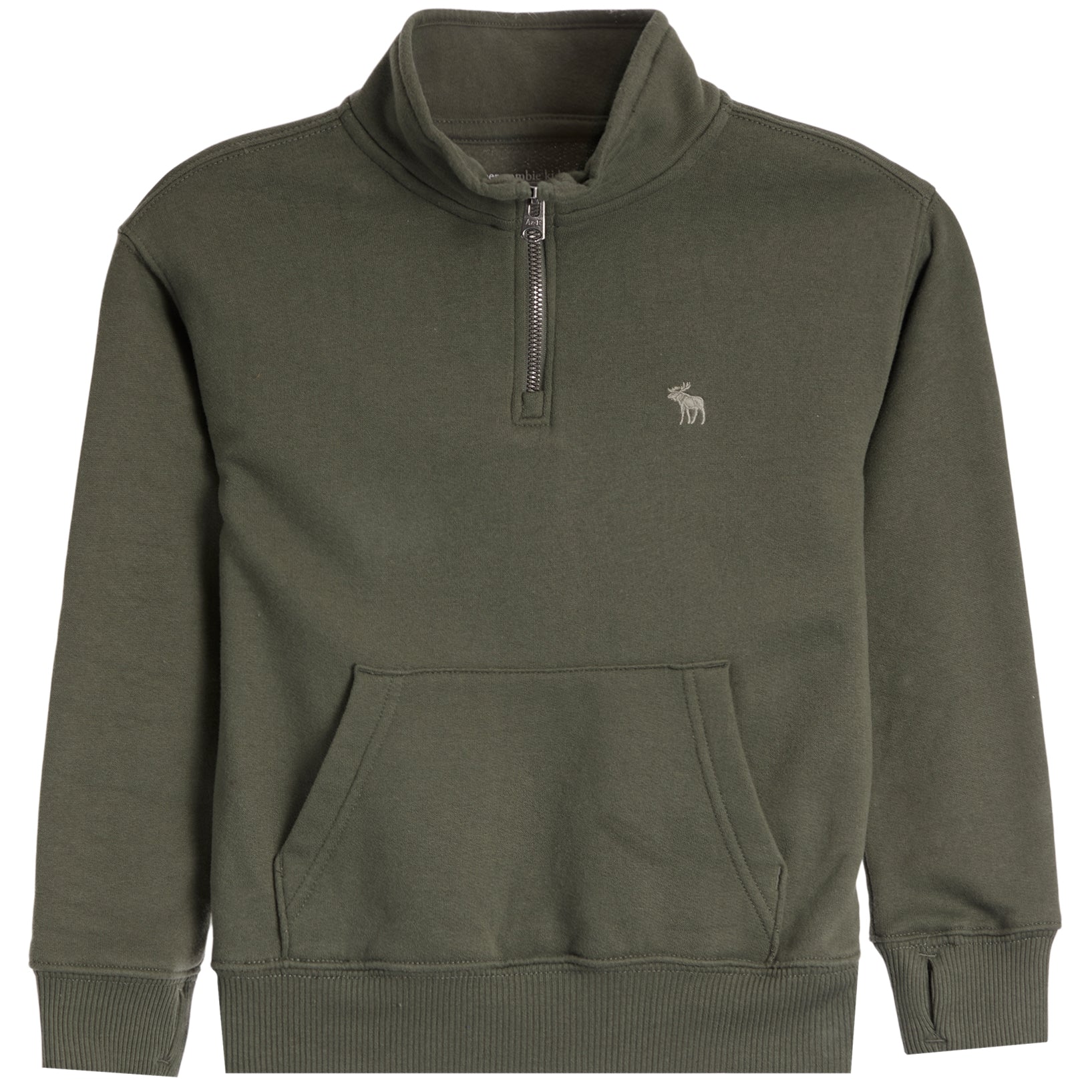 An olive green quarter-zip sweatshirt with a small embroidered moose logo on the left chest, displayed on a clean white background.
