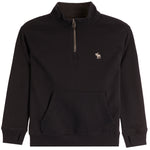 A black long-sleeve quarter-zip sweatshirt with a mock neck, kangaroo pocket, and a small embroidered moose logo on the left chest, shown against a plain white background.