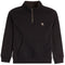 A black long-sleeve quarter-zip sweatshirt with a mock neck, kangaroo pocket, and a small embroidered moose logo on the left chest, shown against a plain white background.