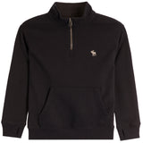 A black long-sleeve quarter-zip sweatshirt with a mock neck, kangaroo pocket, and a small embroidered moose logo on the left chest, shown against a plain white background.