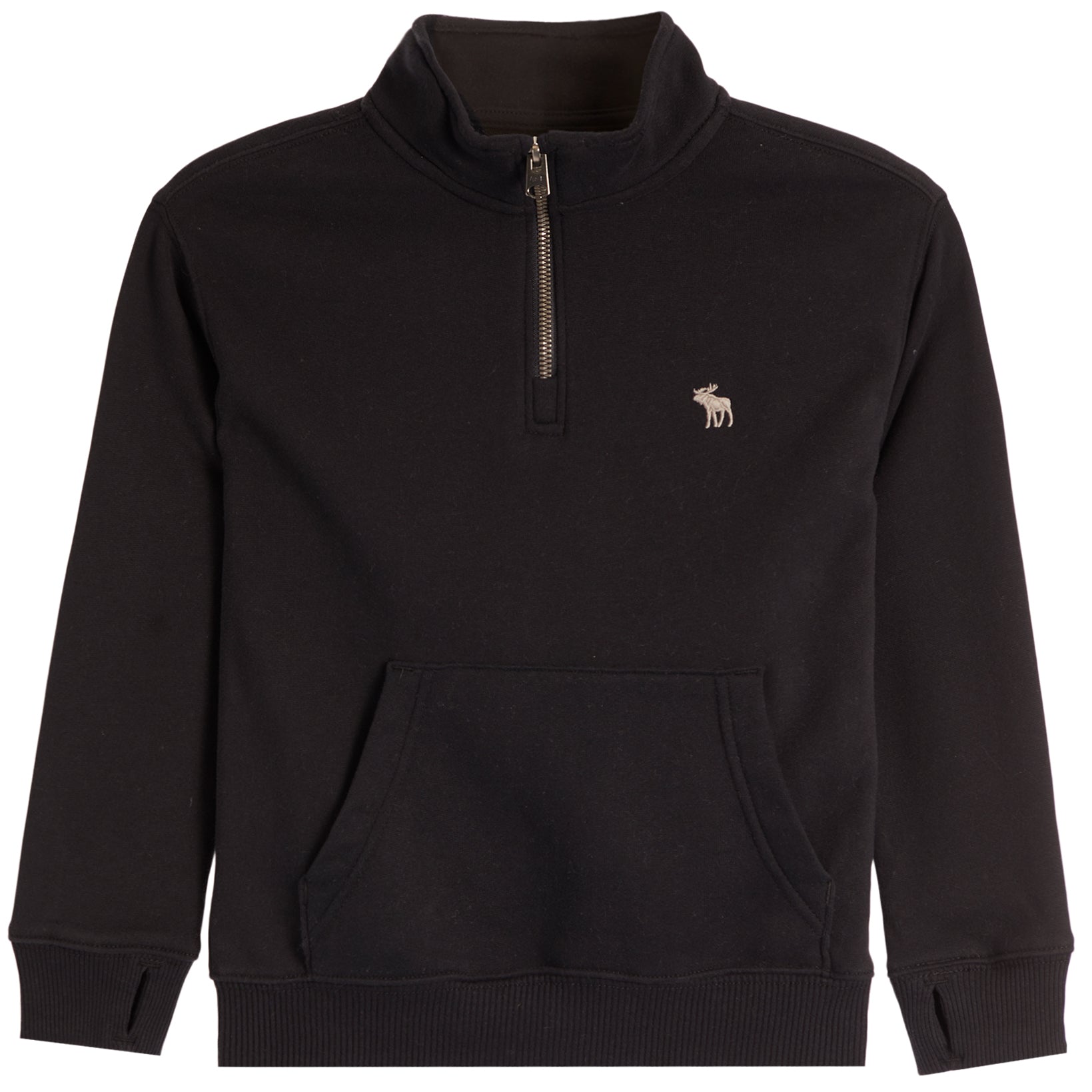 A black long-sleeve quarter-zip sweatshirt with a mock neck, kangaroo pocket, and a small embroidered moose logo on the left chest, shown against a plain white background.