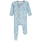A baby footed sleeper in light blue with a white safari animal and palm tree pattern, featuring a front zipper and long sleeves.