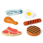 Set of wooden food toys including a fish, egg, chicken leg, hot dog, steak, and hamburger patty on a white background.