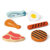 Set of wooden food toys including a fish, egg, chicken leg, hot dog, steak, and hamburger patty on a white background.