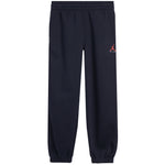 Navy sweatpants with an elastic waistband and cuffs, featuring a small red and white Jordan logo on the left thigh.