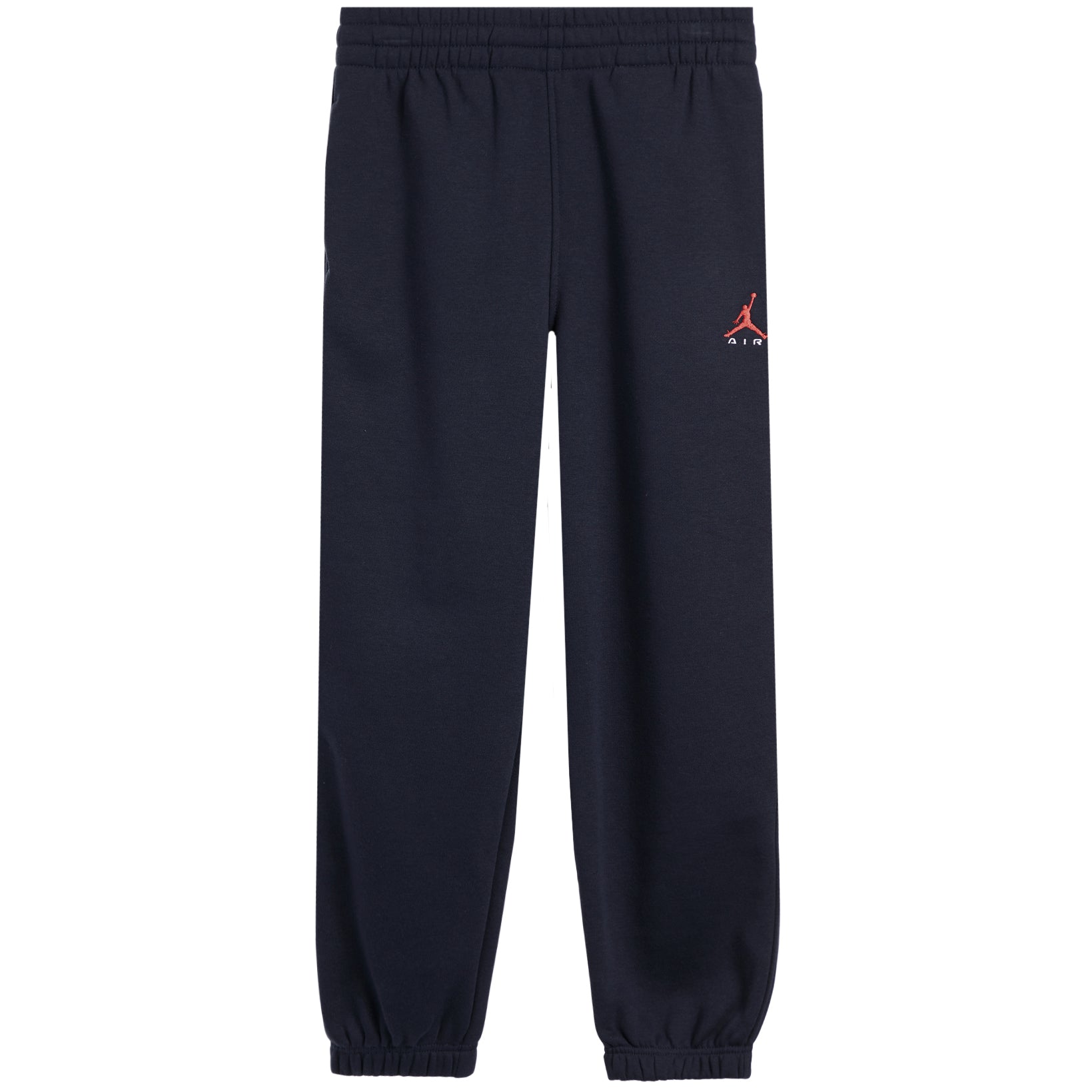 Navy sweatpants with an elastic waistband and cuffs, featuring a small red and white Jordan logo on the left thigh.