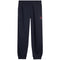 Navy sweatpants with an elastic waistband and cuffs, featuring a small red and white Jordan logo on the left thigh.