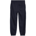 A pair of Navy sweatpants shown from the back, featuring an elastic waistband, a side pocket, and elastic cuffs at the ankles, set against a plain white background.