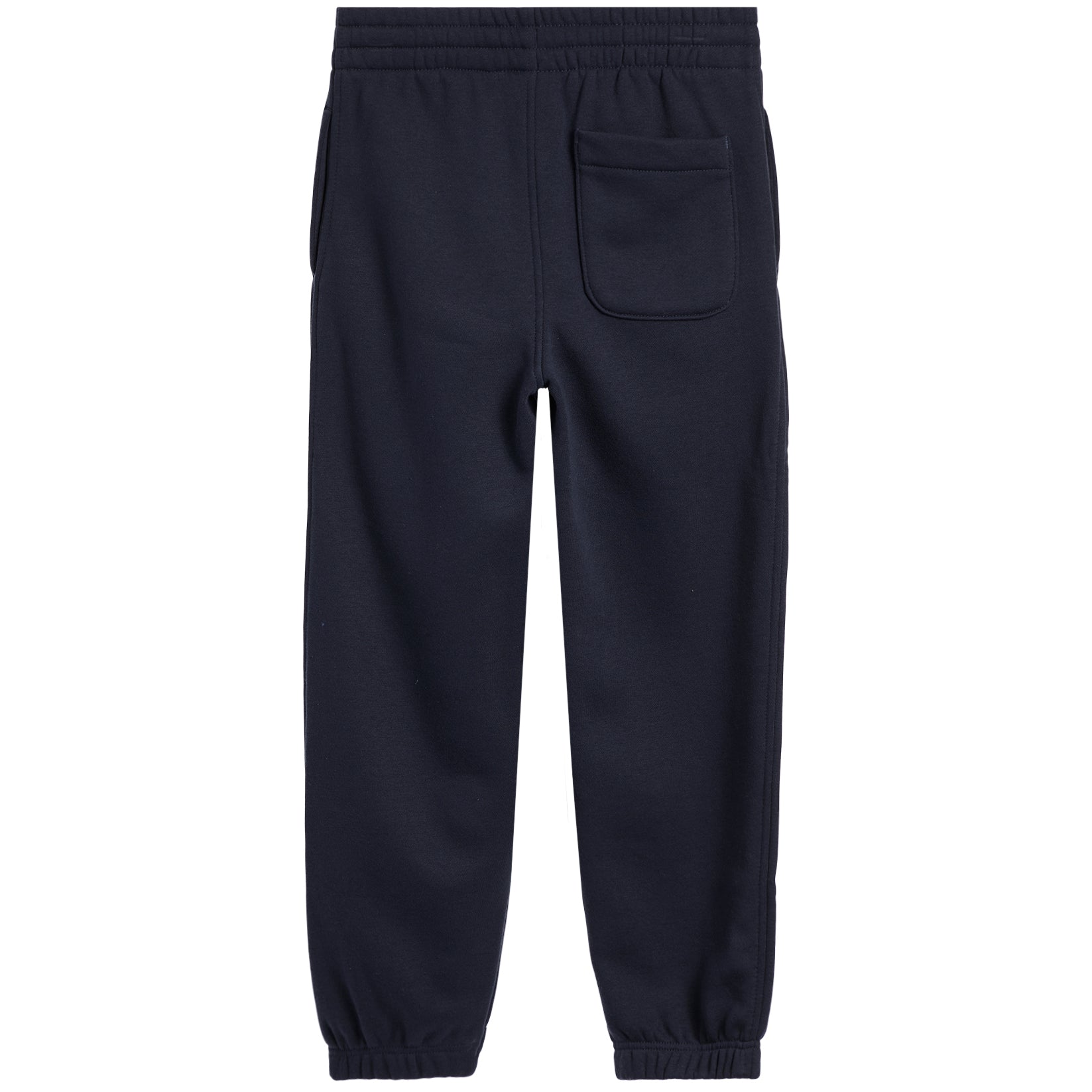A pair of Navy sweatpants shown from the back, featuring an elastic waistband, a side pocket, and elastic cuffs at the ankles, set against a plain white background.
