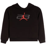 A black pullover hoodie featuring a red and gray graphic on the chest with the number 23 and a red Jumpman silhouette, shown against a plain white background.