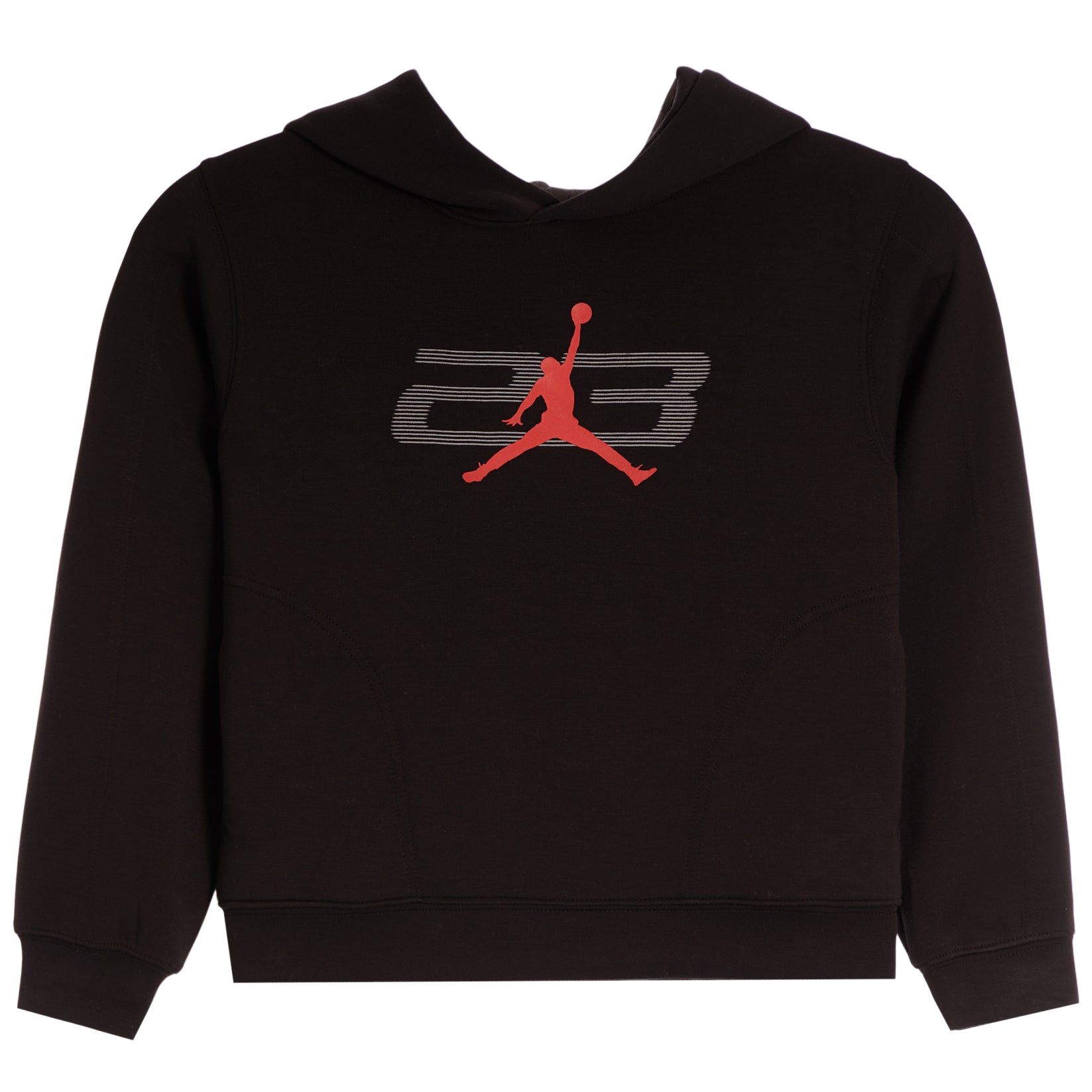 A black pullover hoodie featuring a red and gray graphic on the chest with the number 23 and a red Jumpman silhouette, shown against a plain white background.