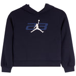 A navy blue pullover hoodie featuring a white and blue graphic on the chest with the Jordan Jumpman logo and the number 23.