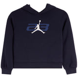 A navy blue pullover hoodie featuring a white and blue graphic on the chest with the Jordan Jumpman logo and the number 23.