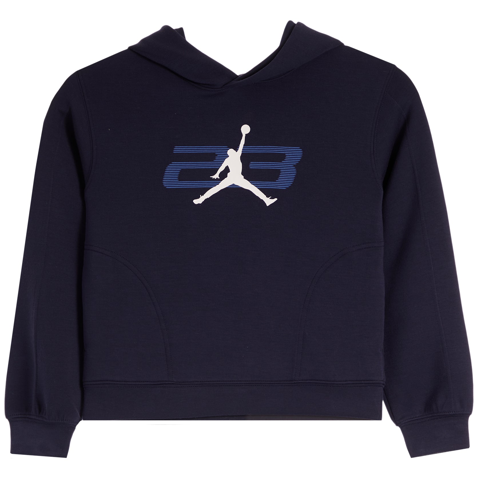 A navy blue pullover hoodie featuring a white and blue graphic on the chest with the Jordan Jumpman logo and the number 23.