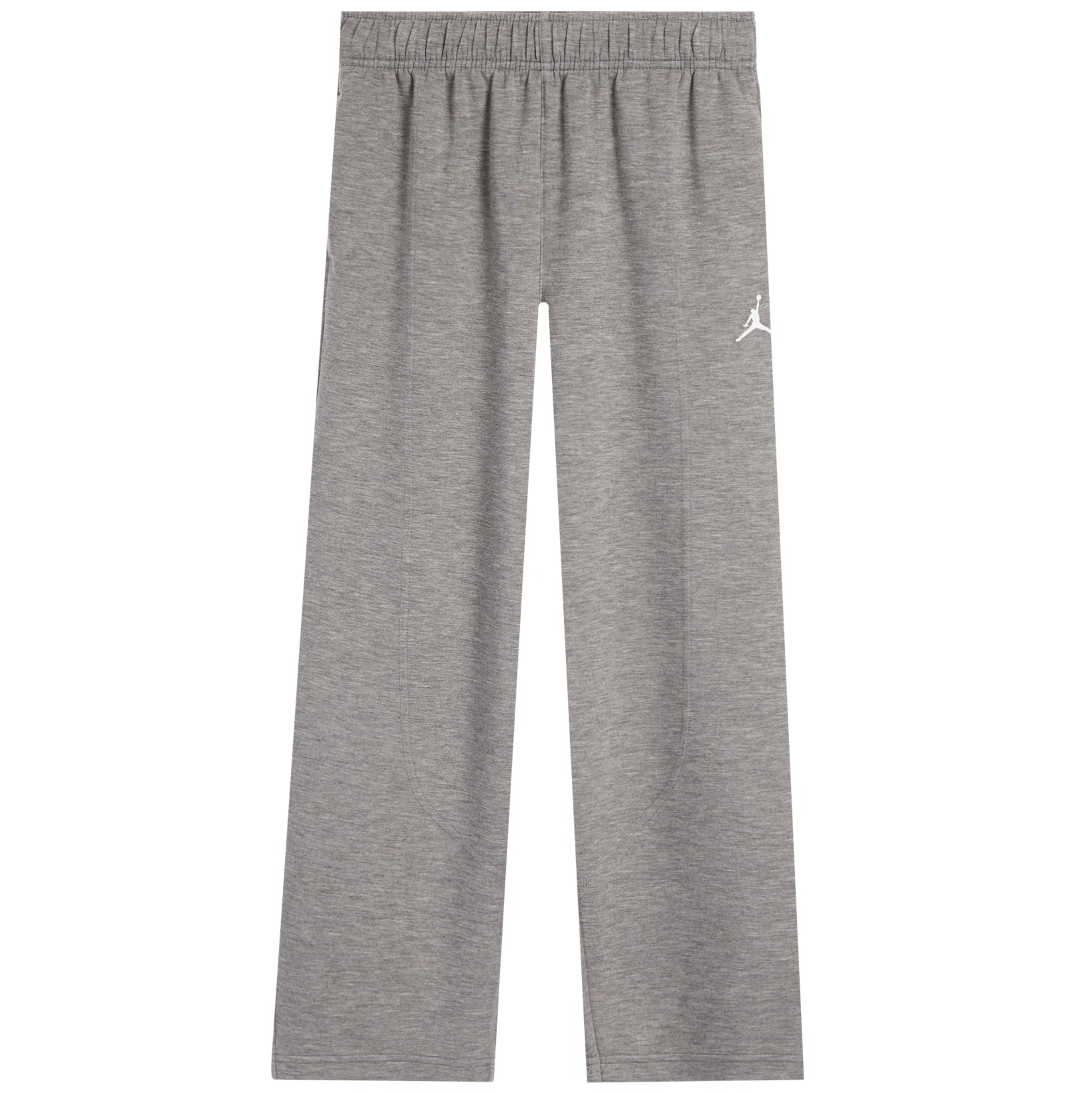 A pair of heather gray sweatpants with an elastic waistband and a small white Jumpman logo on the left hip, shown against a plain white background.