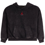 A black washed pullover hoodie with a small red Jordan logo and 'AIR' text on the center chest, displayed against a solid white background.