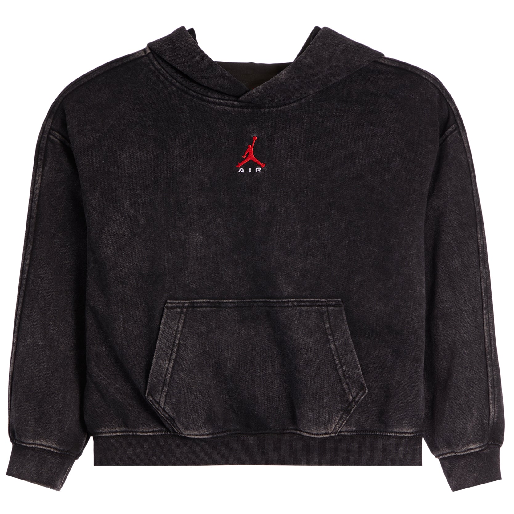 A black washed pullover hoodie with a small red Jordan logo and 'AIR' text on the center chest, displayed against a solid white background.
