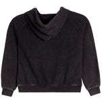 A black washed long-sleeve sweatshirt with a wide draped cowl neckline, shown flat against a solid white background.