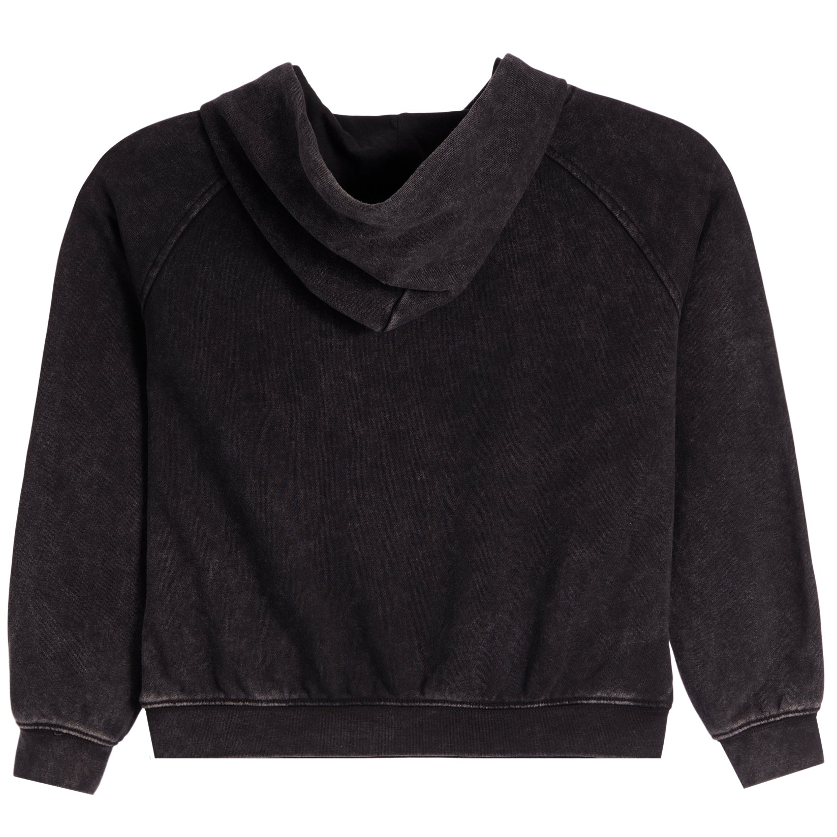 A black washed long-sleeve sweatshirt with a wide draped cowl neckline, shown flat against a solid white background.