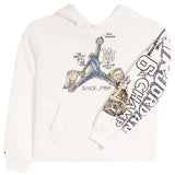 An off-white pullover hoodie featuring a graphic of Michael Jordan mid-air with a basketball, surrounded by championship medallions and text. The right sleeve is printed with 'JORDAN', '6x CHAMPION' in a bold blue and black font.