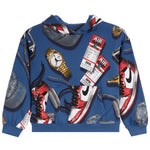 A blue pullover hoodie featuring a collage print of red and white sneakers, a gold watch, boarding passes labeled 'AIR', and gray hats, shown on a plain white background.