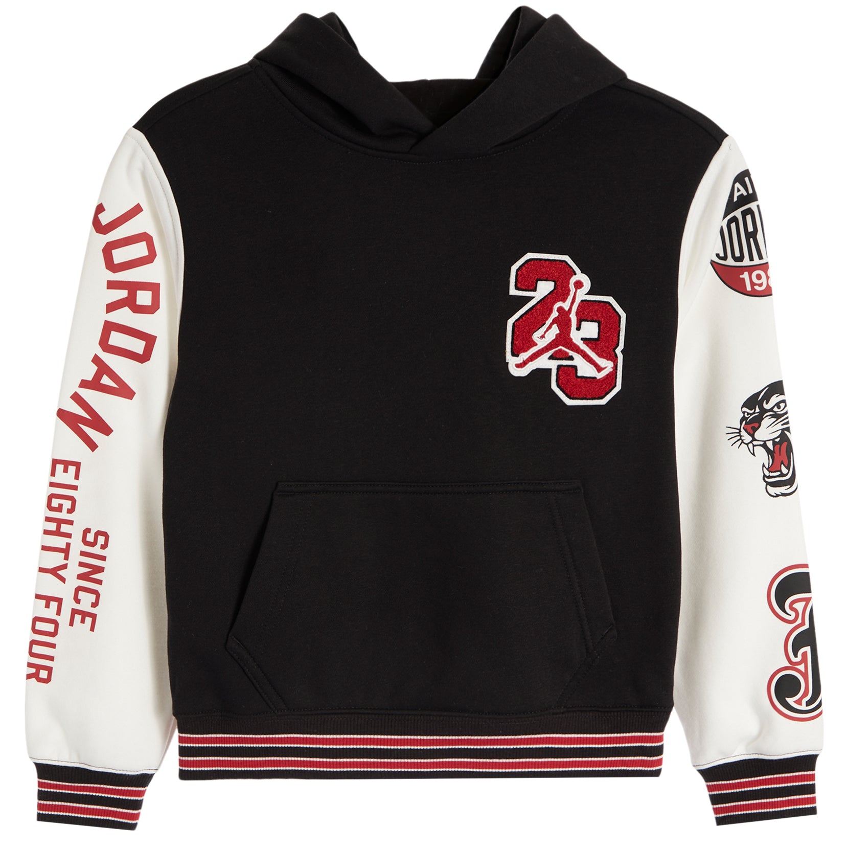 A black and white Jordan hoodie featuring red and white graphics, including the number 23 on the chest, 'JORDAN EIGHTY FOUR' on the sleeve, and a Panther logo on the other sleeve.