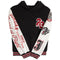 A black and white varsity-style hooded sweatshirt with red and black details. The right sleeve is white with red text reading 'JORDAN Eighty Four Since Four' and a red '23'.