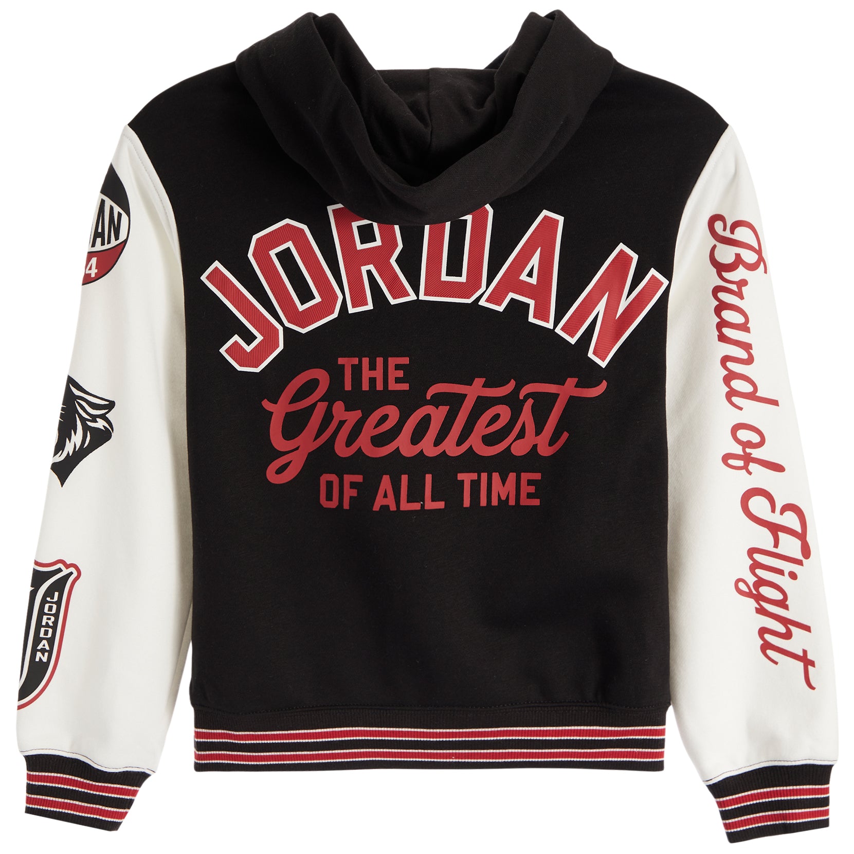 A black and white varsity-style hooded sweatshirt featuring 'JORDAN THE Greatest of All Time' printed in red on the front, with 'Brand of Flight' written vertically in red on the right sleeve and additional patches on the left sleeve.