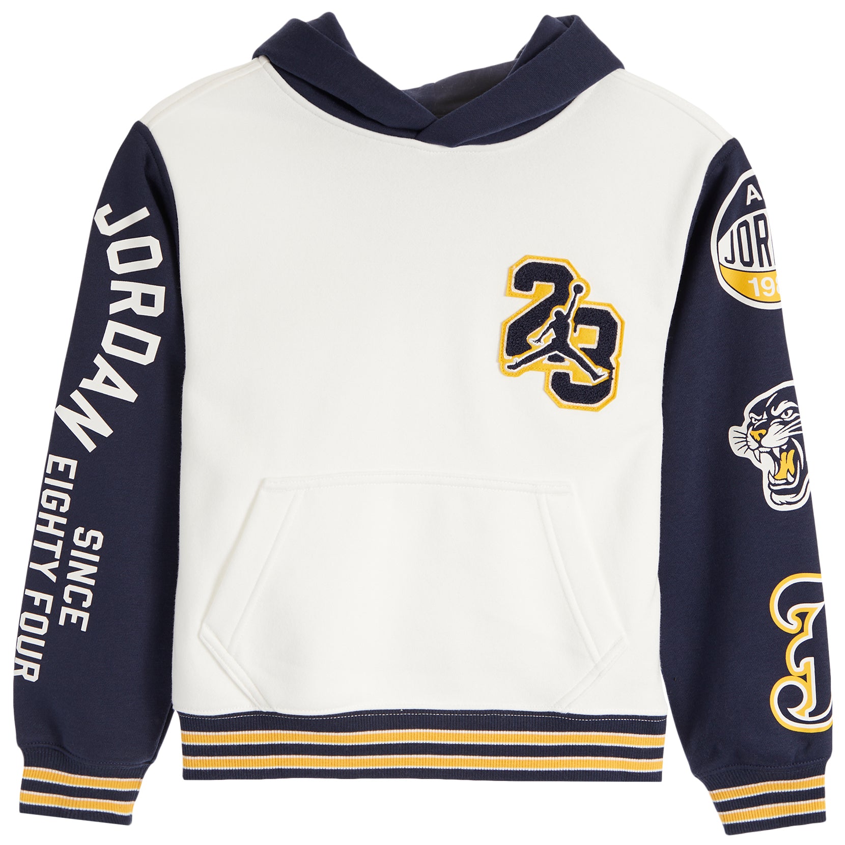 A Jordan brand hooded sweatshirt for kids, featuring an off-white body, navy blue sleeves and hood, with gold and white graphic details including 'JORDAN EIGHTY-FOUR' on the sleeve and a '23' patch on the chest.