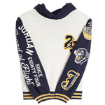 A Jordan brand pullover hoodie featuring a white body, navy blue hood and sleeves, and gold and white accents. The sleeves display 'JORDAN EIGHTY FOUR' and 'Grand Slam' text, along with a panther graphic and a large 'J' logo.