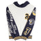A Jordan brand pullover hoodie featuring a white body, navy blue hood and sleeves, and gold and white accents. The sleeves display 'JORDAN EIGHTY FOUR' and 'Grand Slam' text, along with a panther graphic and a large 'J' logo.