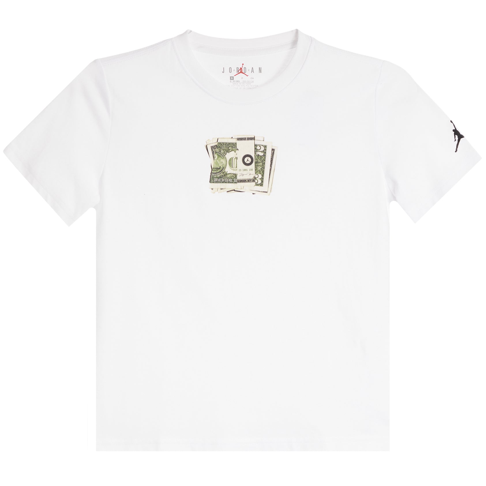 A white short-sleeve crewneck t-shirt featuring a graphic of a stack of cash on the center chest and a small black silhouette logo on the right sleeve, displayed against a plain white background.
